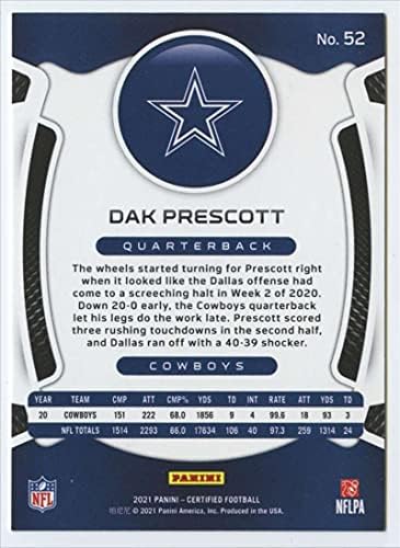2021 Panini Certified 52 Dak Prescott Dallas Cowboys רשמי כרטיס מסחר בכדורגל NFL במצב גולמי