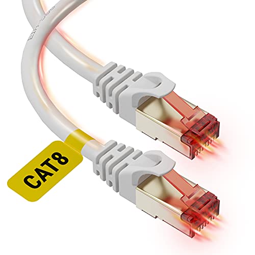 UCC CAT 8 כבל Ethernet 50 רגל - מהירות גבוהה Cat8 כבל אינטרנט 40 ג'יגה -ביט לשנייה 2000 מגה הרץ - מחבר RJ45 עם כבל תיקון LAN מצופה זהב SFTP לנתב, משחק, מודם, מחשב - לבן - 50 רגל