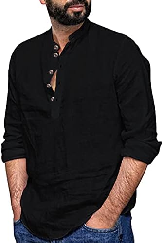 חולצות הנלי גברים של ווקאצ'י כותנה כותנה כפתור שרוול ארוך כפתור צוואר צוואר צווארון חוף צוואר חופשה רופפת חולצת טי היפי