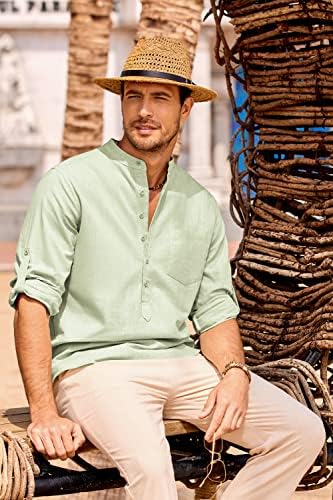 חולצת הנלי כותנה של קואופנדי גברים שרוול ארוך שרוול ארוך פשתן חוף קיץ מזדמן חוף היפי