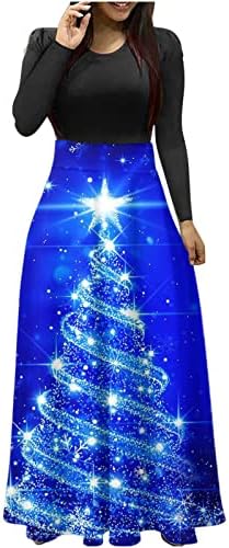 נשים מקסי שמלה ארוך שרוול חג המולד עץ גרפי הדפסת אימפריה מותניים שמלת חג המולד מזדמן צוות צוואר ארוך שמלות