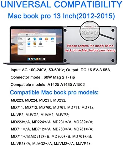 Mac Book Pro Charger, החלפת T-Tip 60W T עבור Mac Book Pro 13 אינץ '2012-2015 תצוגת רשתית AC 60W T מתאם כוח מחבר, מטען מחשב נייד תואם ל- Mac Book Pro/Mac Air Air （אחרי 2012）