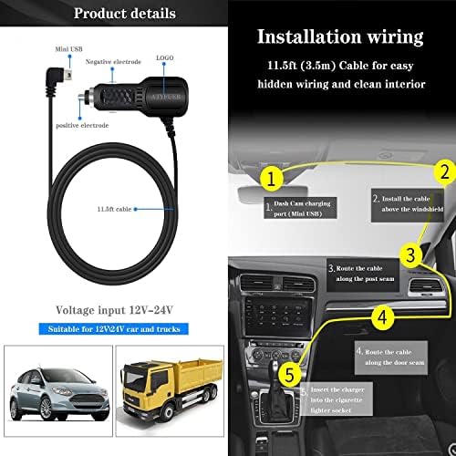 Atyfuer Dash Cam ערכת Hardwire gps כבל מטען GPS GPS כבל מטען נווט מיני מיני חוט קשיח USB ערכת מקף CAM CAM כבל חשמל לרכב 12 וולט ומשאית 24 וולט （11.5ft）