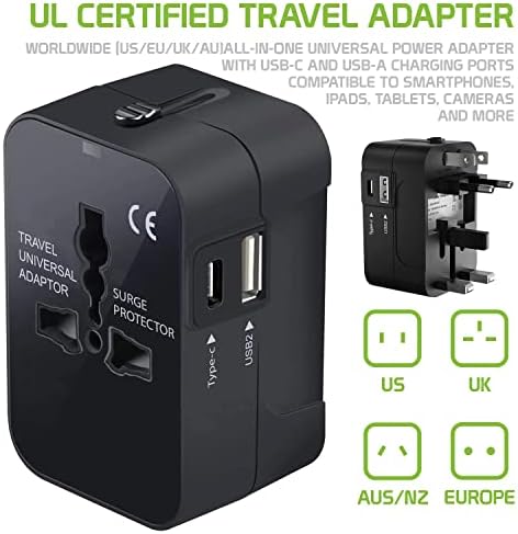 Travel USB פלוס מתאם כוח בינלאומי התואם ל- Alcatel onetouch Fierce עבור כוח עולמי לשלושה מכשירים USB Typec, USB-A לנסוע בין ארהב/איחוד האירופי/AUS/NZ/UK/CN