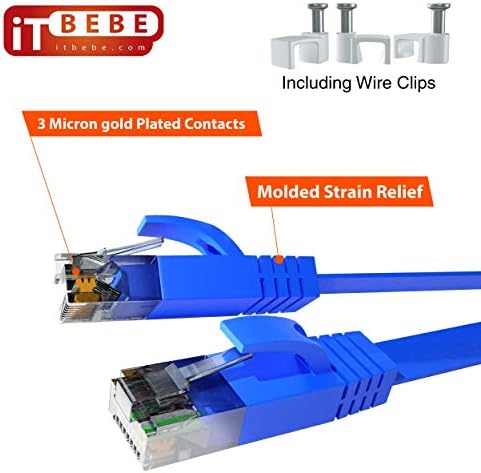 ITBEBE CAT6 כבל Ethernet 50 רגל, כחול-חוט אינטרנט שטוח עם 3 מחברי RJ45 מצופים זהב מיקרון וקליפים מוגנים נגד SNAG-מהירויות מהירות גבוהות וחוזק אות מעולה