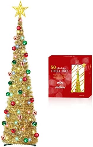 עץ עיפרון חג המולד מואר 5 מטר עץ עץ חג המולד עם טיימר 30 קישוט כדור 50 אורות צבע סוללה כוכבים מופעלת, נצנצים קליפור