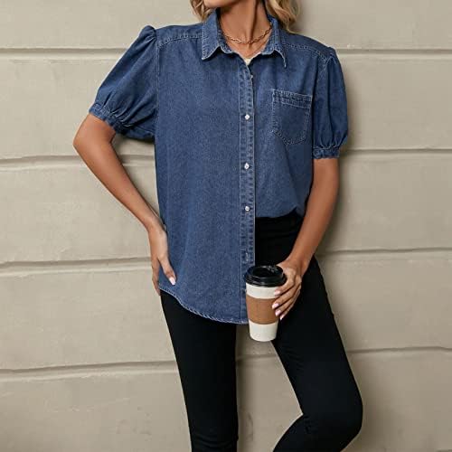 חולצות ג'ינס לנשים עסקיות מזדמנות כפתור שרוול קצר למטה חולצת ז'אן קיץ חולצות תערובת כותנה רופפות