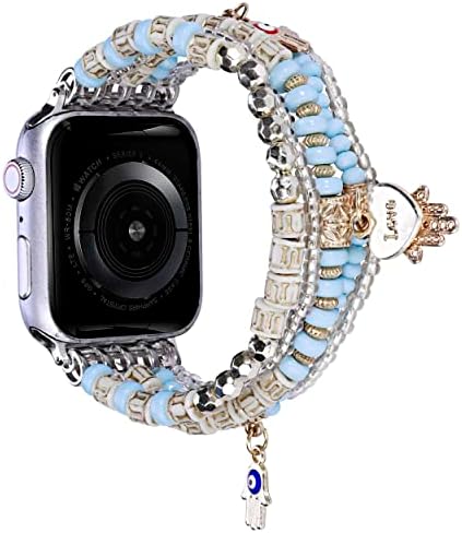 רצועת צמיד חרוזים אלסטית בעבודת יד תכשיטים נמתחים צמיד כף יד עין רעה חמסה תליון תליון תליון תואם לסדרה Apple Watch 8 7 6 5 4 3 2 1 SE Ultra